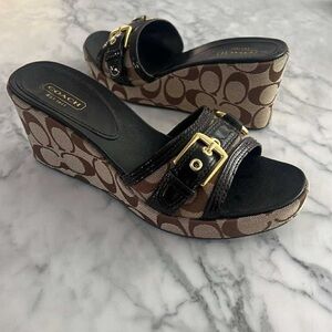 Coach Women's Black and Brown Wedge Sandals